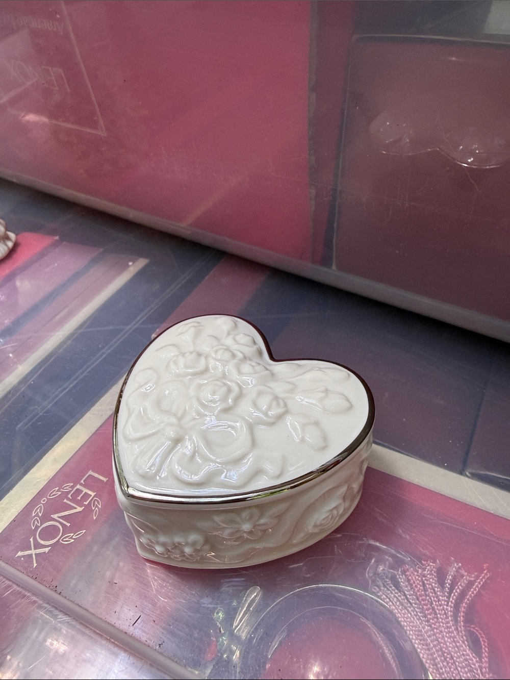 Lenox White Heart-Shaped Porcelain Trinket Box with Floral Relief